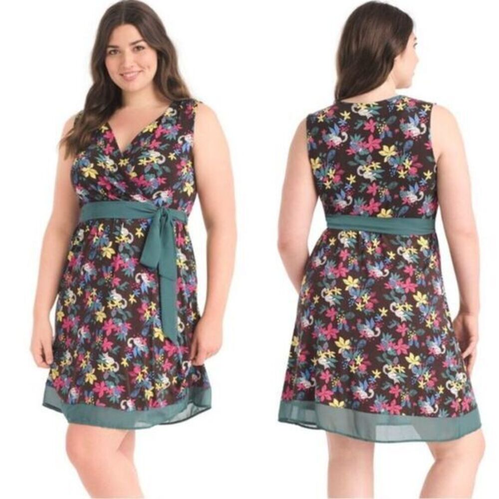 Modcloth Jungle Print Knit Dress with sash, white‎ cat blue bird,  2X